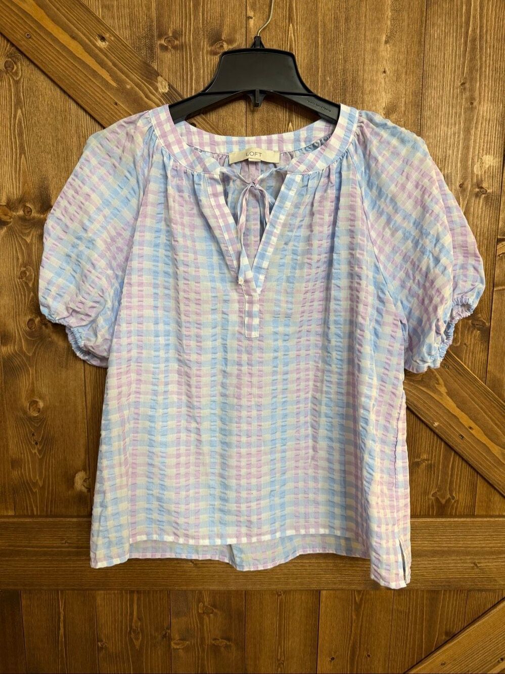 LOFT Women’s Small Pastel Plaid Gingham Blouse Puff Sleeve Tie Neck Top(9353)